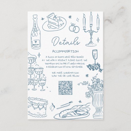 Dusty Blue Hand getekend grillige bruiloft Informatiekaartje (Voorkant)