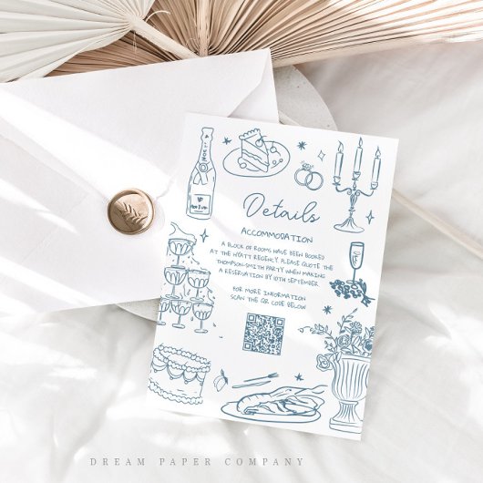 Dusty Blue Hand getekend grillige bruiloft Informatiekaartje