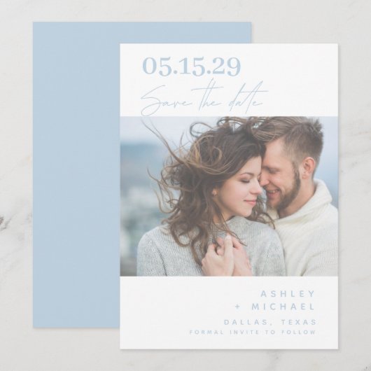 Dusty Blue Hand Lettered Typografie Save The Date (Voorkant / Achterkant)