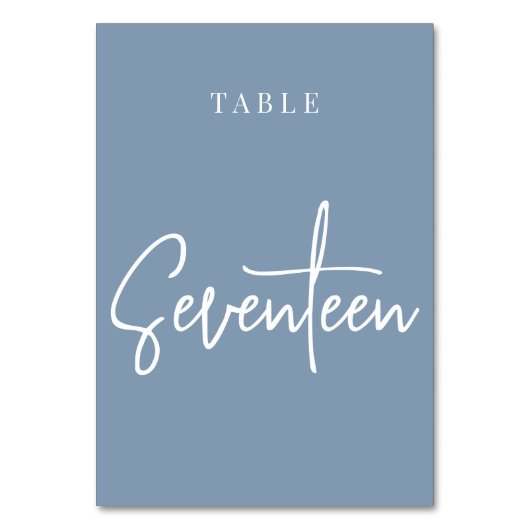 Dusty Blue Hand Scripted Table SEVENTEEN Kaart (Achterkant)