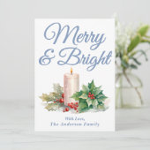 Dusty Blue Handgeschreven Script Merry & Bright Feestdagenkaart (Staand voorkant)