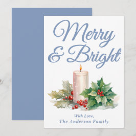 Dusty Blue Handgeschreven Script Merry & Bright Feestdagenkaart
