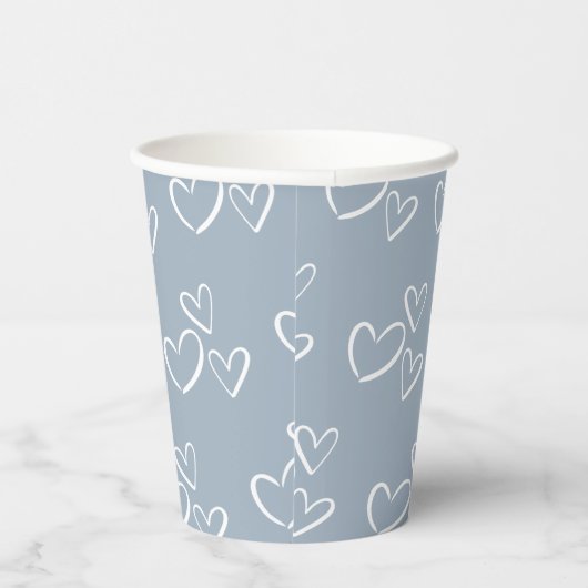 Dusty Blue handgetekende Hearts Baby shower Papieren Bekers (Rechts)