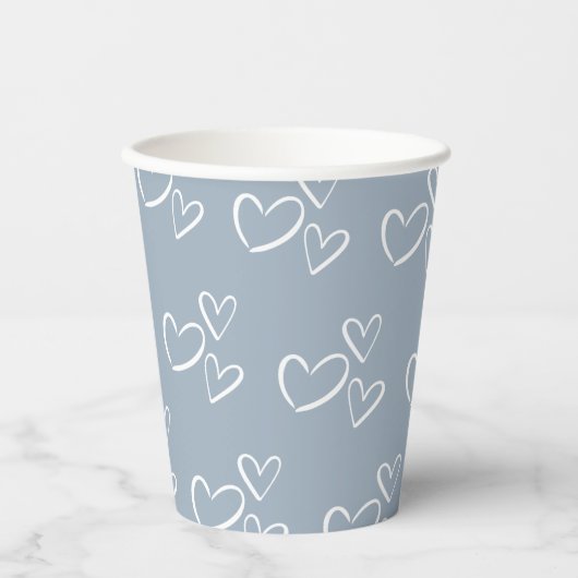 Dusty Blue handgetekende Hearts Baby shower Papieren Bekers (Voorkant)