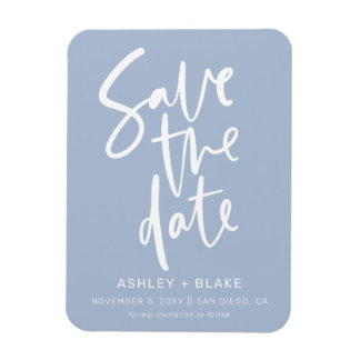 Dusty Blue Handwrited Calligraphy Save the Date Magneet