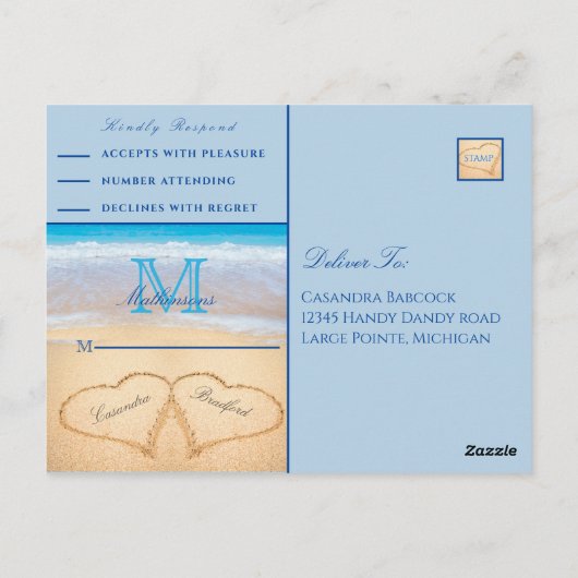 Dusty Blue harten in de zandstrand bruiloft Briefkaart (Achterkant)