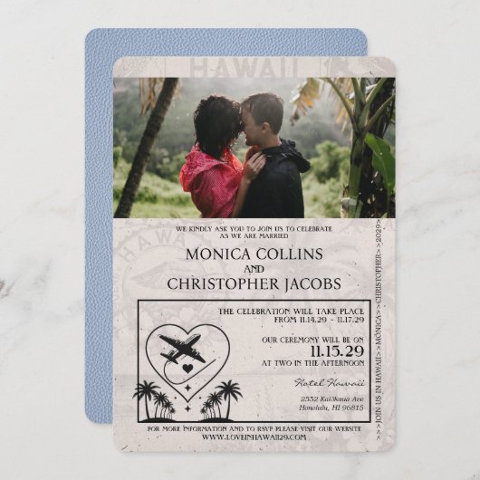 Dusty Blue Hawaii Passport Wedding Invitation Kaart (Voorkant / Achterkant)