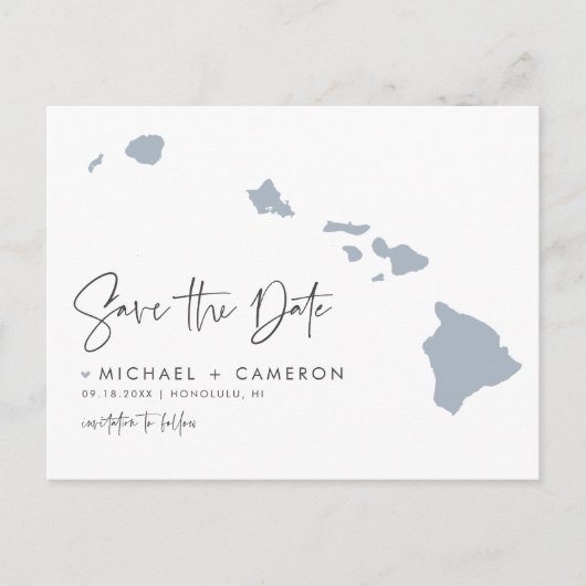 Dusty Blue Hawaii State Map QR Code Bewaar de datu Aankondigingskaart (Voorkant)