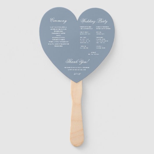 Dusty Blue Heart Elegant Script Wedding Programme Handwaaier (Achterkant)