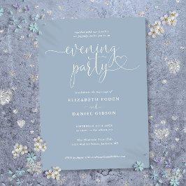Dusty Blue Heart Script Wedding Evening Party Kaart