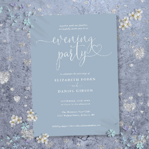 Dusty Blue Heart Script Wedding Evening Party Kaart