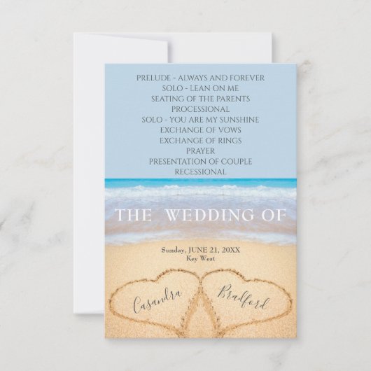 Dusty Blue Hearts in Sand Beach Trouwprogramma (Voorkant)