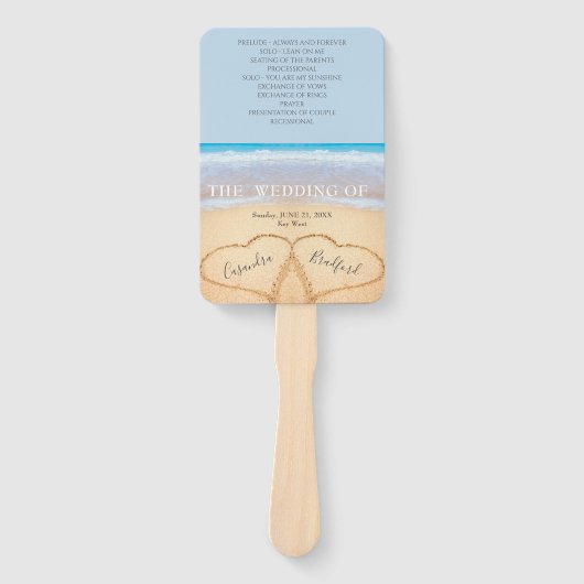 Dusty Blue Hearts in Sand Beach Trouwprogramma Handwaaier (Voorkant)
