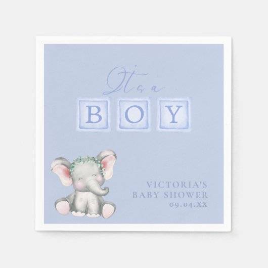 Dusty Blue Het is een Boy Elephant Script Baby sho Servet (Voorkant)