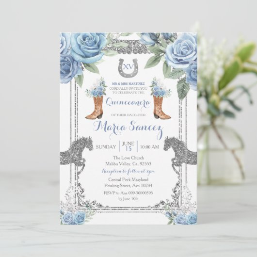 Dusty Blue Horse Charra Mis XV Anos Birthday Kaart (Staand voorkant)