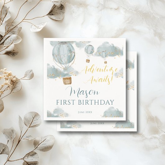 Dusty Blue Hot Air Ballon Theme Verjaardag Jongen Servet