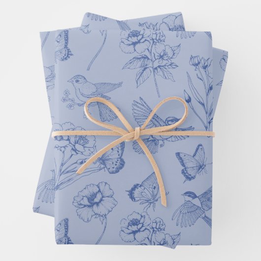 Dusty Blue Hummingbird & Butterfly Floral Wrapping Inpakpapier Vel (In situ)