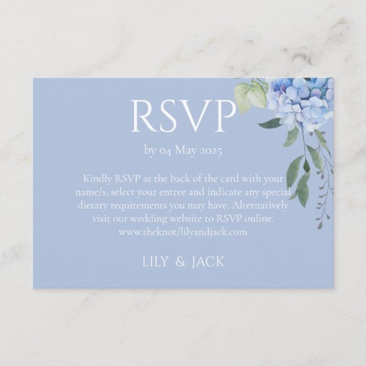 Dusty Blue Hydrangea 2 Gast Bruiloft RSVP Informatiekaartje (Voorkant)