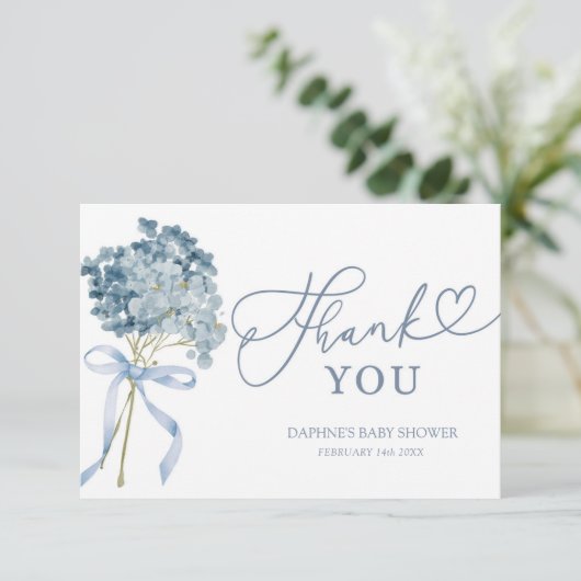Dusty Blue Hydrangea Baby shower Bedankkaart (Staand voorkant)