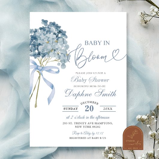 Dusty Blue Hydrangea Baby shower Kaart