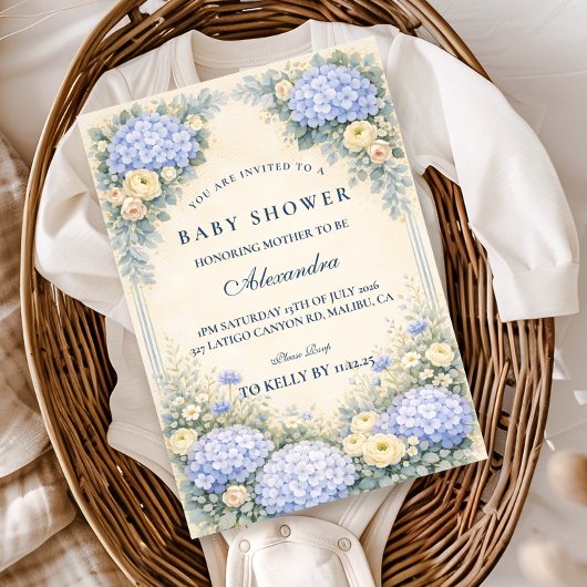 Dusty Blue Hydrangea Baroque Floral Baby Shower Kaart