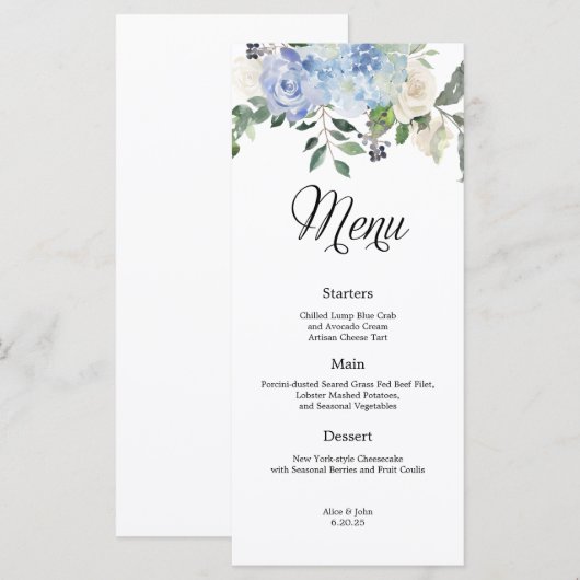 Dusty Blue Hydrangea Bloemen Bruiloft Menu (Voorkant / Achterkant)
