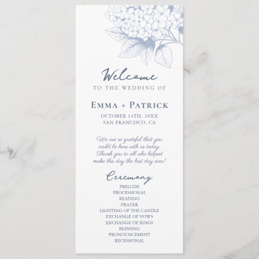 Dusty Blue Hydrangea Bloemenbruiloft Programmakaart (Voorkant)