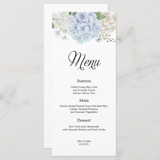 Dusty Blue Hydrangea Bruiloft Menu (Voorkant / Achterkant)