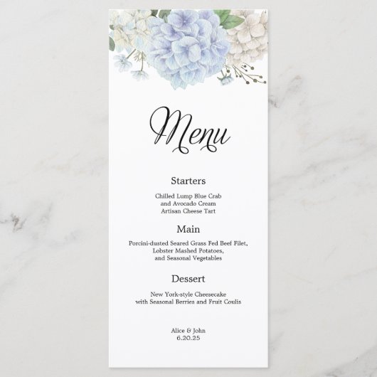 Dusty Blue Hydrangea Bruiloft Menu (Voorkant)