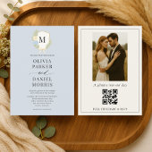 Dusty Blue Hydrangea Crest Monogram Photo Wedding Kaart