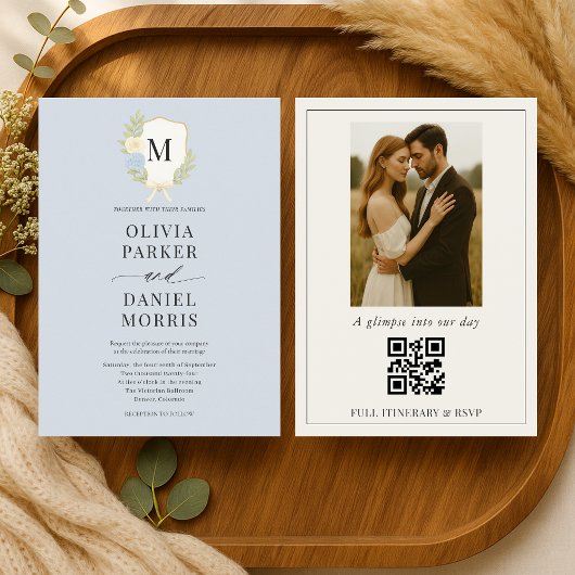 Dusty Blue Hydrangea Crest Monogram Photo Wedding Kaart