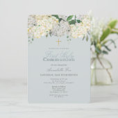 Dusty Blue Hydrangea First Heilige Communie Kaart (Staand voorkant)