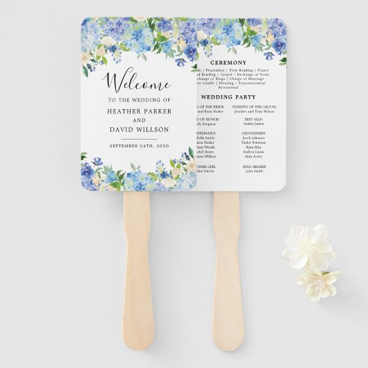 Dusty Blue Hydrangea Floral Wedding Program Fans Handwaaier (Voorkant en achterkant)