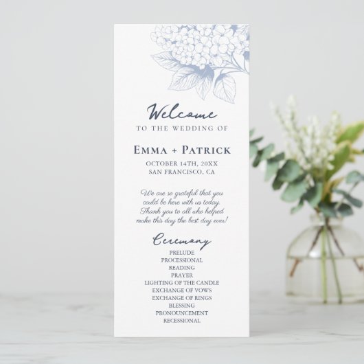 Dusty Blue Hydrangea Floral Wedding Programmakaart (Staand voorkant)