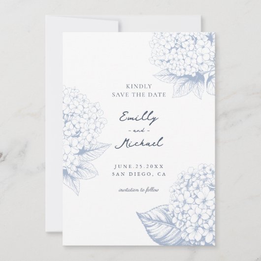 Dusty Blue Hydrangea Floral Wedding Save The Date (Voorkant)