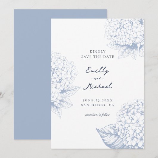 Dusty Blue Hydrangea Floral Wedding Save The Date (Voorkant / Achterkant)