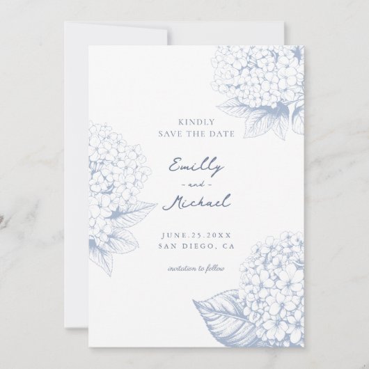 Dusty Blue Hydrangea Floral Wedding Save The Date (Voorkant)