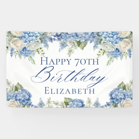 Dusty Blue Hydrangea Flowers Rozen Happy Birthday Spandoek (Horizontaal)