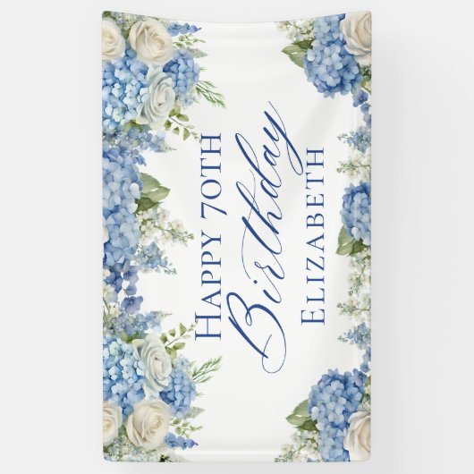 Dusty Blue Hydrangea Flowers Rozen Happy Birthday Spandoek (Verticaal)