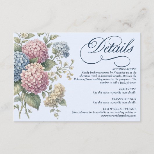 Dusty Blue Hydrangea Flowers Wedding Informatiekaartje (Voorkant)