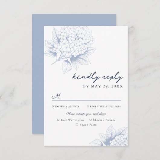 Dusty Blue Hydrangea Meal Options RSVP Card (Voorkant / Achterkant)