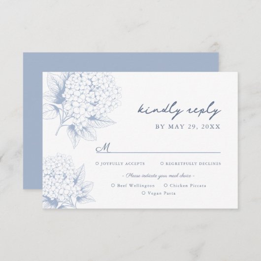 Dusty Blue Hydrangea Meal Options RSVP Card (Voorkant / Achterkant)