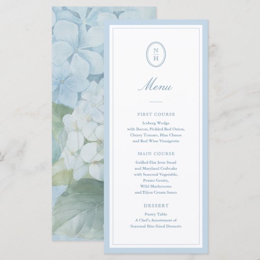 Dusty Blue Hydrangea Monogram Wedding Flat Menu (Voorkant / Achterkant)