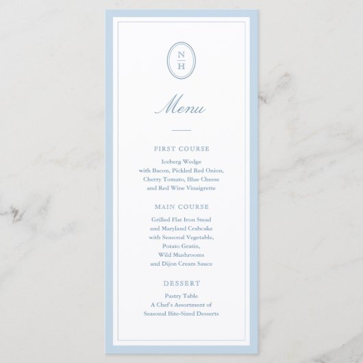 Dusty Blue Hydrangea Monogram Wedding Flat Menu (Voorkant)