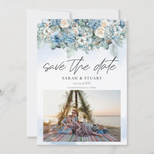 Dusty Blue Hydrangea Photo QR-code Sla de datum op Kaart (Voorkant)