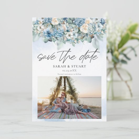 Dusty Blue Hydrangea Photo QR-code Sla de datum op Kaart (Staand voorkant)