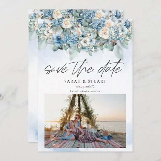 Dusty Blue Hydrangea Photo QR-code Sla de datum op Kaart (Voorkant / Achterkant)