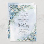 Dusty Blue Hydrangea Rozen Foto QR Code Bruiloft Kaart (Voorkant / Achterkant)