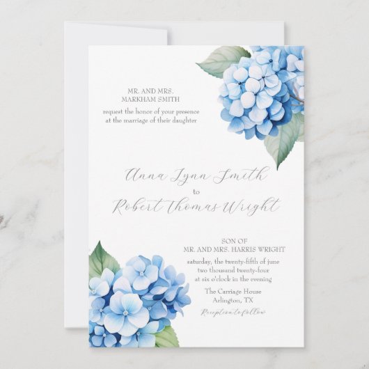 Dusty Blue Hydrangea Waterverf bruiloft uitnodigin Kaart (Voorkant)