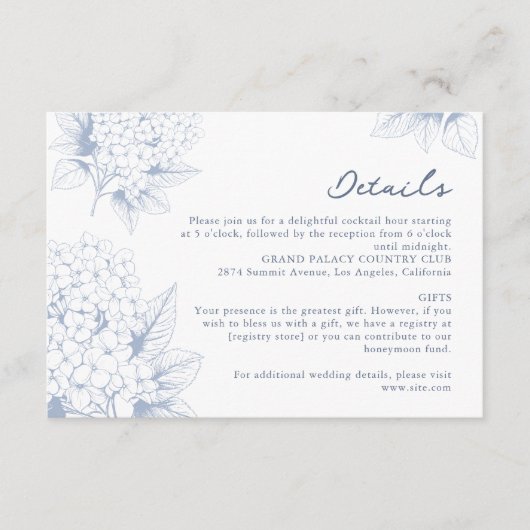 Dusty Blue Hydrangea Wedding Details Informatiekaartje (Voorkant)